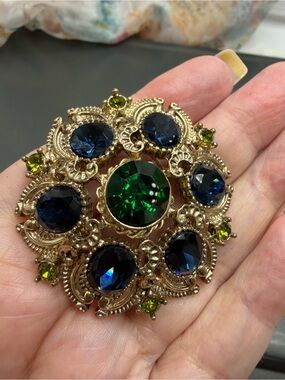 Vintage Squire Brooch with Green and Deep Blue Stones #60SB